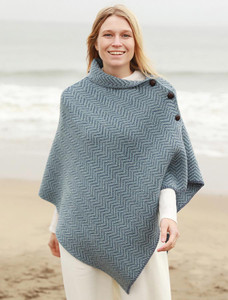 Herringbone Merino Poncho with Button Detail - Denim/Mist
