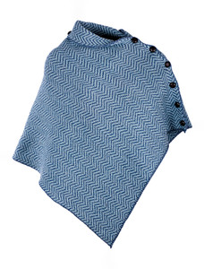 Herringbone Merino Poncho with Button Detail - Denim/Mist