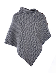 Herringbone Merino Poncho with Button Detail - Derby/Grey