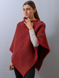 Herringbone Merino Poncho with Button Detail - Chillipepper/Army Green