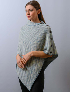 Herringbone Merino Poncho with Button Detail - Mist/White