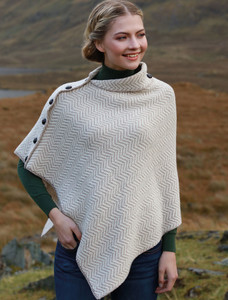 Herringbone Merino Poncho with Button Detail - Wicker/White