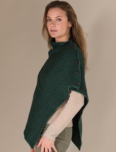 Herringbone Merino Poncho with Button Detail - Connemara/Army Green