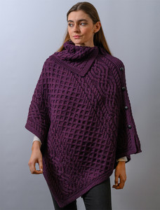Ladies Merino Button Poncho - Damson