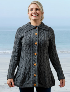 Super Soft Luxury Button-Up Flared Aran Cardigan - Slate Grey