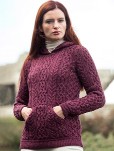 Ladies Aran Kangaroo Hoodie - Raspberry