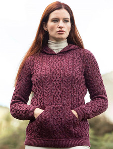 Ladies Aran Kangaroo Hoodie - Raspberry