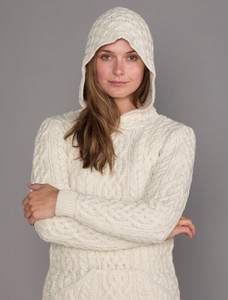 Ladies Aran Kangaroo Hoodie - Natural White