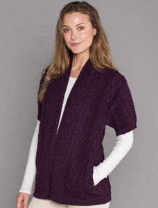 Aran Short Sleeve Edge Cardigan - Damson