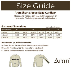 Aran Short Sleeve Edge Cardigan - Size Guide