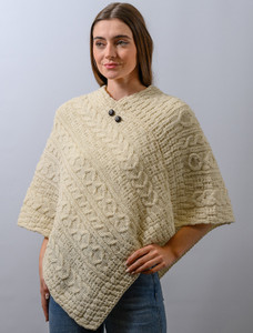 Aran Cable Wool Poncho - White