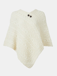 Aran Cable Wool Poncho - White