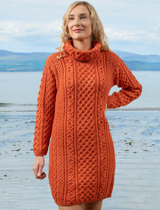 Cable Aran Dress with Cowl Neck - Autumn Leaf