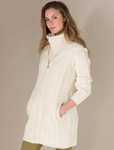 Aran Hooded Double Zip Coat - Natural White