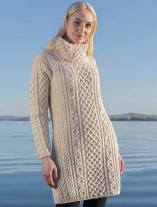 Cable Aran Dress with Cowl Neck - Natural White