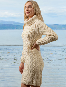 Cable Aran Dress with Cowl Neck - Natural White
