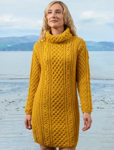 Cable Aran Dress with Cowl Neck - Sunflower Yellow