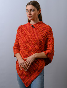 Plaited Aran Poncho with Button Detail - Autumn Leaf/Chillipepper