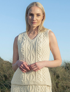 Ladies V-Neck Aran Slipover - Natural White