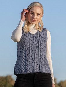 Ladies V-Neck Aran Slipover - Denim