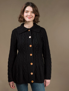 Super Soft Luxury Button-Up Flared Aran Cardigan - Black