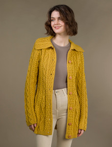 Super Soft Luxury Button-Up Flared Aran Cardigan - Yellow