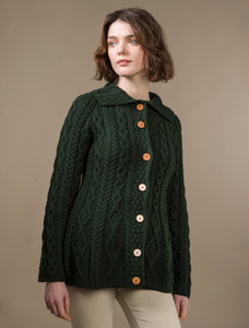Super Soft Luxury Button-Up Flared Aran Cardigan - Seaweed