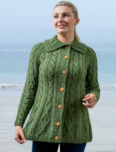 Super Soft Luxury Button-Up Flared Aran Cardigan - Meadow Green