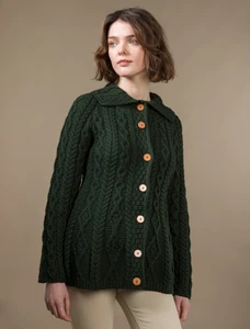 Super Soft Luxury Button-Up Flared Aran Cardigan - Seaweed