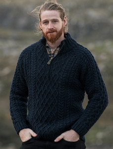 Donegal's Zip Troyer Aran Sweater - Blue