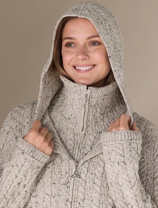 Aran Hooded Double Zip Coat - Oatmeal Nep