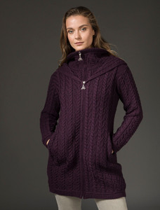 Aran Hooded Double Zip Coat - Damson