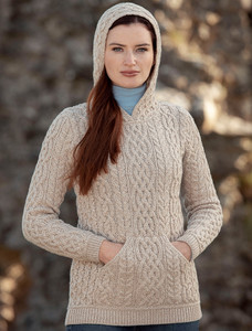 Ladies Aran Kangaroo Hoodie - Oatmeal