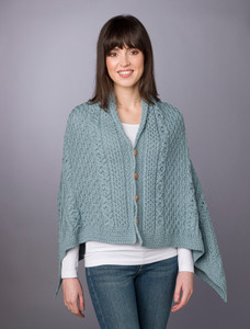 Aran Buttoned Wool Poncho - Mist