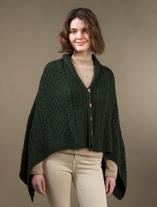 Aran Buttoned Wool Poncho -Army Green