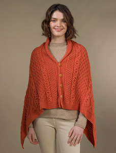 Aran Buttoned Wool Poncho -Autumn Leaf