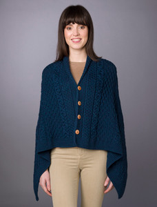Aran Buttoned Wool Poncho - Atlantic