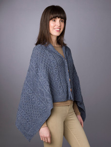 Aran Buttoned Wool Poncho -Denim