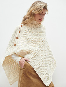 Aran Buttoned Wool Poncho - Natural White