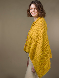 Aran Buttoned Wool Poncho - Yellow