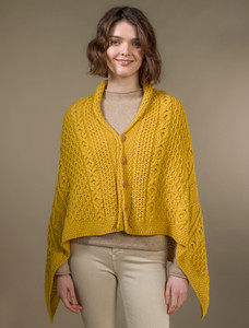 Aran Buttoned Wool Poncho - Yellow