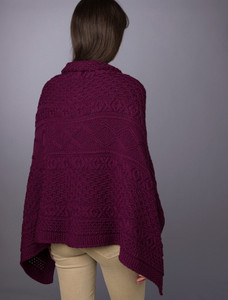 Aran Buttoned Wool Poncho - Very Berry