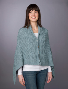Aran Buttoned Wool Poncho - Mist