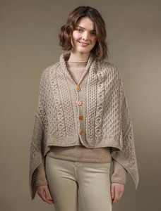 Aran Buttoned Wool Poncho - Wicker