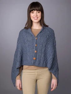 Aran Buttoned Wool Poncho -Denim