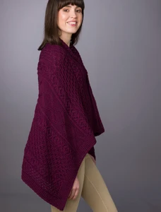 Aran Buttoned Wool Poncho - Very Berry