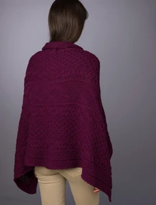 Aran Buttoned Wool Poncho - Very Berry