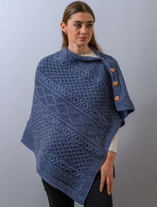 Aran Buttoned Wool Poncho - Denim