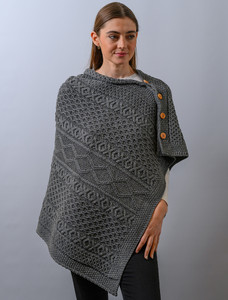 Aran Buttoned Wool Poncho - Grey
