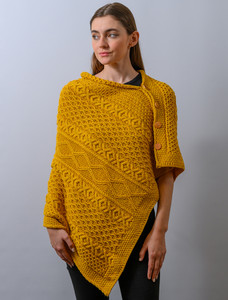 Aran Buttoned Wool Poncho - Yellow